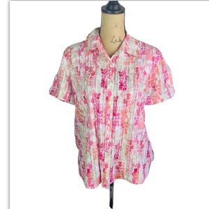 JM Collection Pink Multicolor Blouse Woman Top Shirt Hawaiian Button Up Size 10